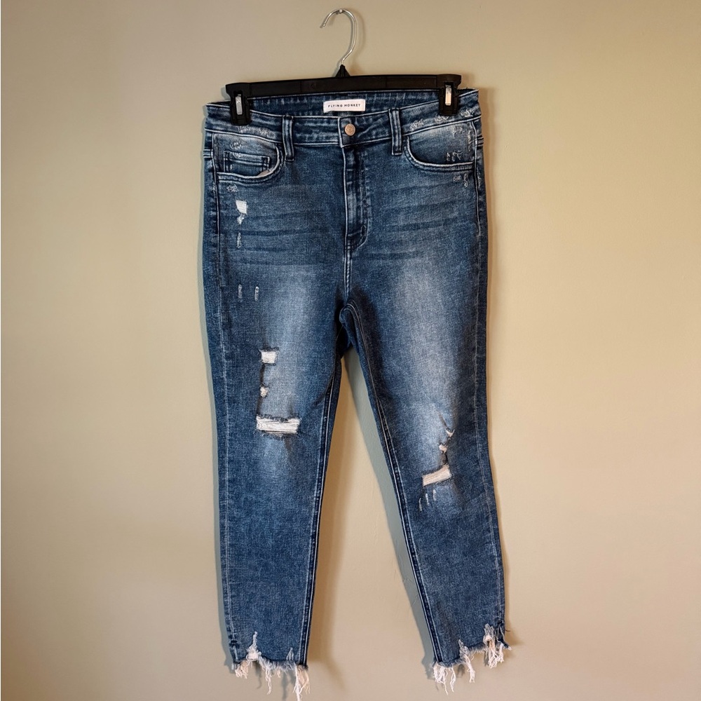 Flying Monkey Distressed Cropped Ankle Jeans in Medium Blue Wash